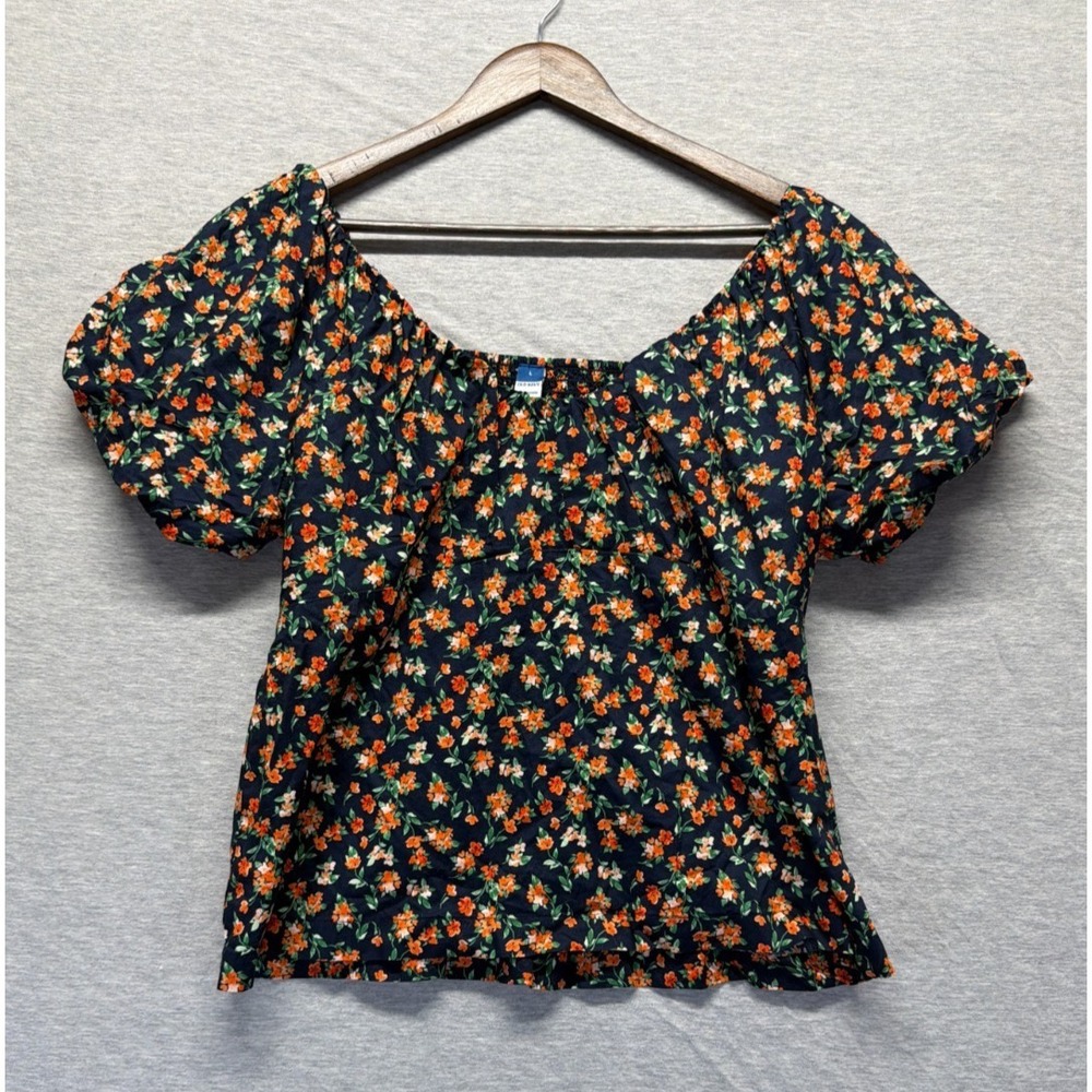 Old Navy Waist Defined V Neck Top Womens L Black Multi Ditsy Floral Smocked Back